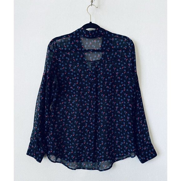 Express Portofino Shirt Womens Medium Floral Sheer Long Sleeves Black Boho - Picture 1 of 7